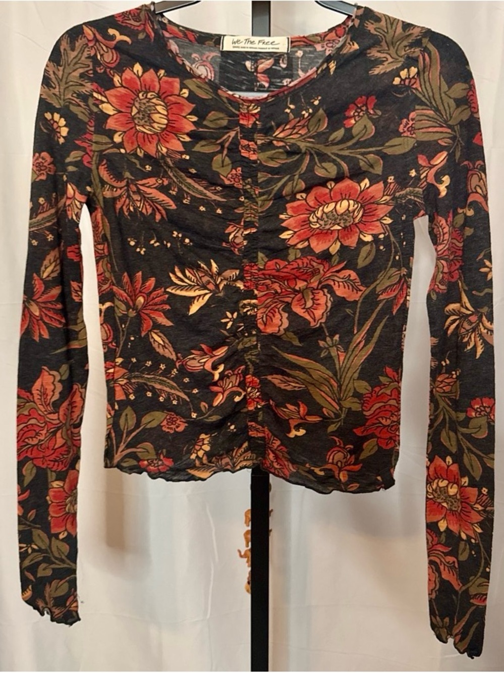 Free People Dreamed of You Floral Ruched Long Sleeve Tee Teal Combo S NWOT